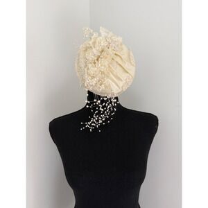 Vintage 1950s/60s Ivory Bridal Pillbox Hat Lace & Faux Pearl cottagecore wedding